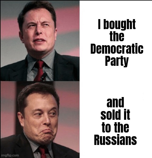 Elon Musk no maybe | I bought the Democratic Party and sold it to the Russians | image tagged in elon musk no maybe | made w/ Imgflip meme maker