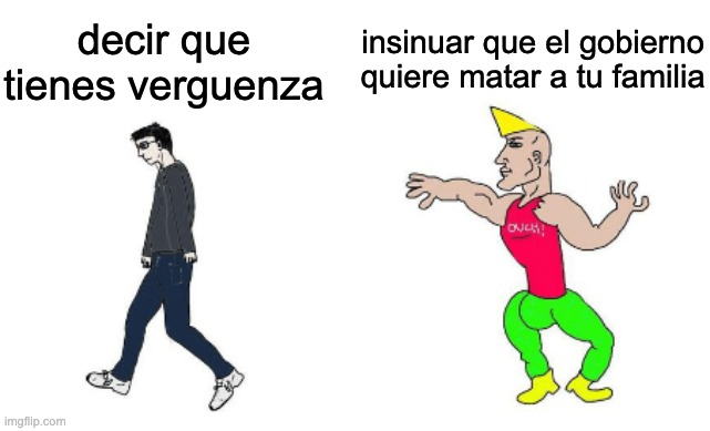 ibiuhhu | insinuar que el gobierno quiere matar a tu familia; decir que tienes verguenza | image tagged in virgin vs chad | made w/ Imgflip meme maker