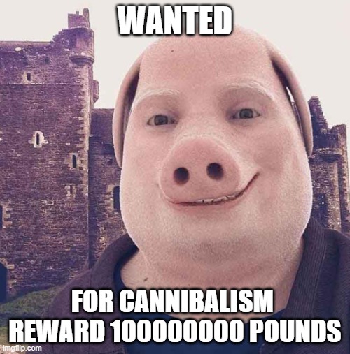 John pork | WANTED; FOR CANNIBALISM 
REWARD 100000000 POUNDS | image tagged in john pork | made w/ Imgflip meme maker