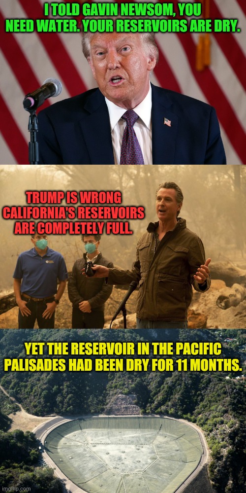 More Lies From Democrat Politicians | I TOLD GAVIN NEWSOM, YOU NEED WATER. YOUR RESERVOIRS ARE DRY. TRUMP IS WRONG CALIFORNIA'S RESERVOIRS ARE COMPLETELY FULL. YET THE RESERVOIR IN THE PACIFIC PALISADES HAD BEEN DRY FOR 11 MONTHS. | image tagged in gavin newsome fire press conference,water,trump,not a true story,politics,memes | made w/ Imgflip meme maker