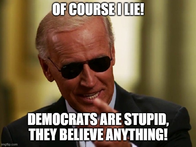 Cool Joe Biden | OF COURSE I LIE! DEMOCRATS ARE STUPID, THEY BELIEVE ANYTHING! | image tagged in cool joe biden | made w/ Imgflip meme maker