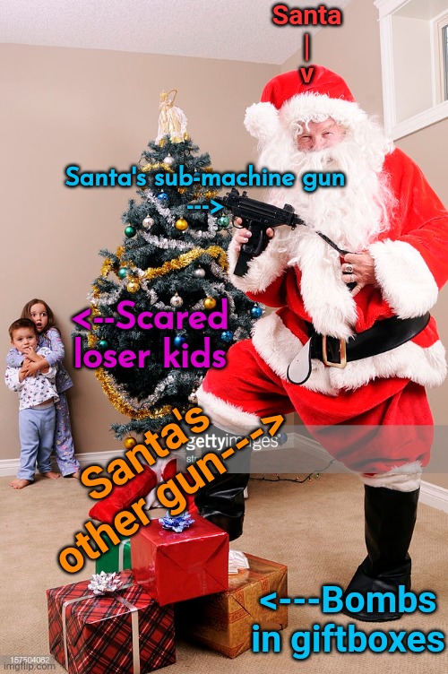 Santa
|
v; Santa's sub-machine gun
--->; <--Scared loser kids; Santa's other gun--->; <---Bombs in giftboxes | made w/ Imgflip meme maker