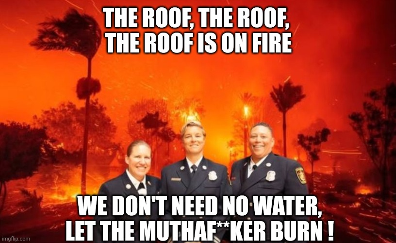 THE ROOF, THE ROOF, 
THE ROOF IS ON FIRE WE DON'T NEED NO WATER, LET THE MUTHAF**KER BURN ! | made w/ Imgflip meme maker