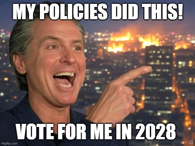 Gavin Newsome California Fire | MY POLICIES DID THIS! VOTE FOR ME IN 2028 | image tagged in gavin newsome california fire | made w/ Imgflip meme maker