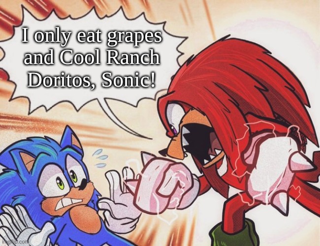 Knuckles yelling at Sonic | I only eat grapes
and Cool Ranch
Doritos, Sonic! | image tagged in knuckles yelling at sonic | made w/ Imgflip meme maker