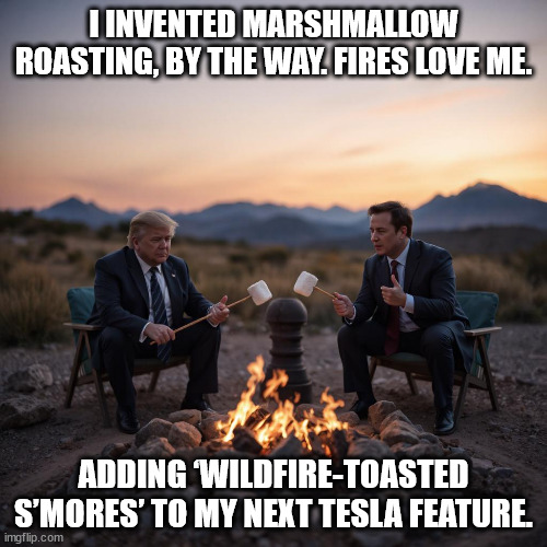 Trump and Musk enjoying L.A. fires | I INVENTED MARSHMALLOW ROASTING, BY THE WAY. FIRES LOVE ME. ADDING ‘WILDFIRE-TOASTED S’MORES’ TO MY NEXT TESLA FEATURE. | image tagged in bebest,trump,musk,lafires | made w/ Imgflip meme maker