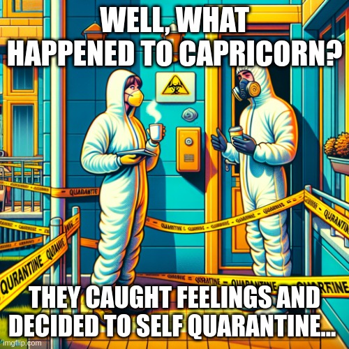 WELL, WHAT HAPPENED TO CAPRICORN? THEY CAUGHT FEELINGS AND DECIDED TO SELF QUARANTINE... | made w/ Imgflip meme maker