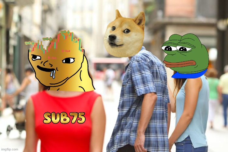 There's a new memecoin in town and everyone is interested | image tagged in distracted boyfriend,pepe,doge,sub75,memecoin | made w/ Imgflip meme maker