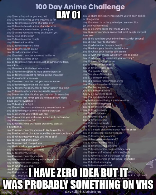 i was probably 2 years old when i first saw an anime | DAY 01; I HAVE ZERO IDEA BUT IT WAS PROBABLY SOMETHING ON VHS | image tagged in 100 day anime challenge | made w/ Imgflip meme maker