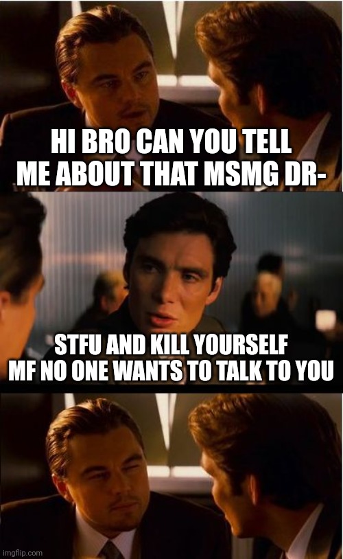 Inception | HI BRO CAN YOU TELL ME ABOUT THAT MSMG DR-; STFU AND KILL YOURSELF MF NO ONE WANTS TO TALK TO YOU | image tagged in memes,inception | made w/ Imgflip meme maker