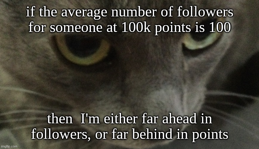 idfk at this point ngl | if the average number of followers for someone at 100k points is 100; then  I'm either far ahead in followers, or far behind in points | image tagged in sweetie | made w/ Imgflip meme maker