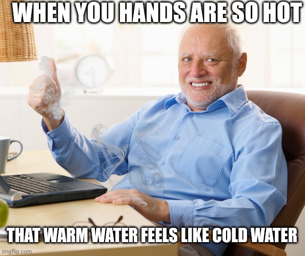 My hands are steaming. This is fine. | WHEN YOU HANDS ARE SO HOT; THAT WARM WATER FEELS LIKE COLD WATER | image tagged in hide the pain harold,steam,hands,idk | made w/ Imgflip meme maker