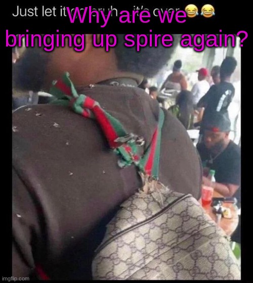just let it go bruh it's over | Why are we bringing up spire again? | image tagged in just let it go bruh it's over | made w/ Imgflip meme maker