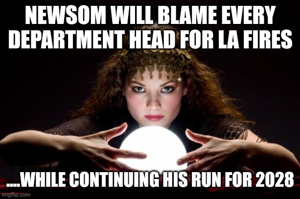 Vance 2028 | NEWSOM WILL BLAME EVERY DEPARTMENT HEAD FOR LA FIRES; ....WHILE CONTINUING HIS RUN FOR 2028 | image tagged in fortune teller | made w/ Imgflip meme maker