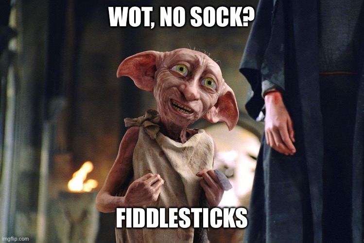 Dobby denied freedom | WOT, NO SOCK? FIDDLESTICKS | image tagged in dobby,denied,sock | made w/ Imgflip meme maker