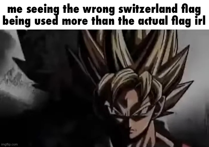 it’s to the point that I forget the switzerland flag is a square | me seeing the wrong switzerland flag being used more than the actual flag irl | image tagged in goku staring,switzerland | made w/ Imgflip meme maker