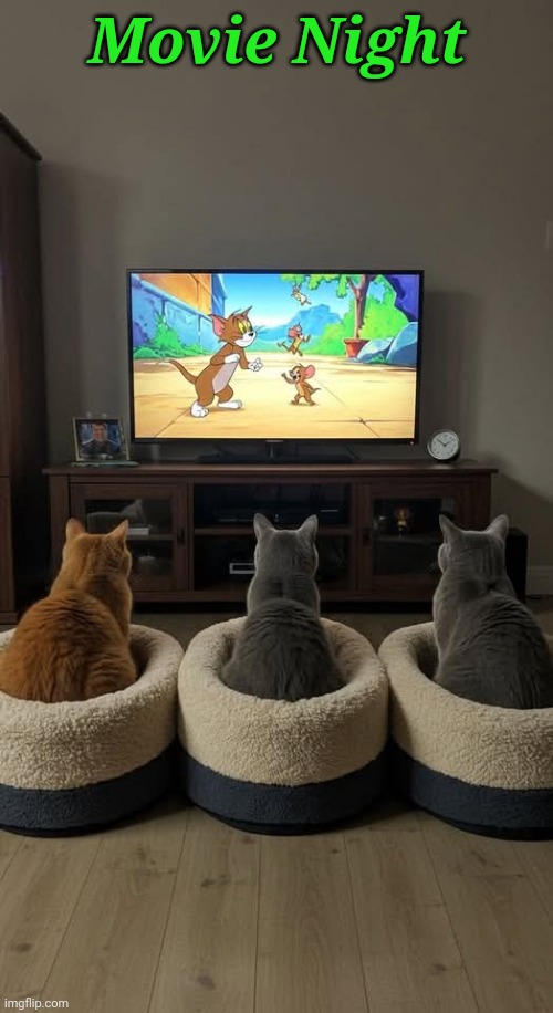 All they need now is some 'Meow munch' | Movie Night | image tagged in cats,memes,animals,movie night,tom and jerry,cartoons | made w/ Imgflip meme maker