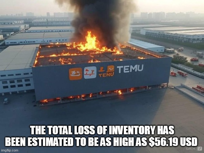 The total loss of inventory has been estimated to be as high as $56.19 USD | THE TOTAL LOSS OF INVENTORY HAS BEEN ESTIMATED TO BE AS HIGH AS $56.19 USD | image tagged in temu,funny,warehouse,fire,business | made w/ Imgflip meme maker