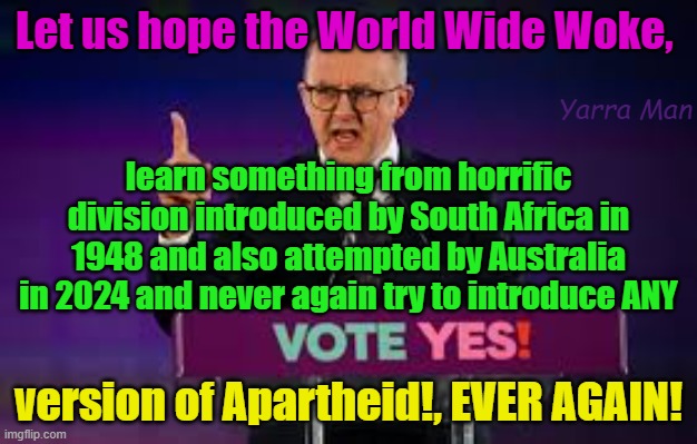 Let us learn from South Africa and Australia and hope that no country ever again, tries to introduce APARTHEID! | Let us hope the World Wide Woke, Yarra Man; learn something from horrific division introduced by South Africa in 1948 and also attempted by Australia in 2024 and never again try to introduce ANY; version of Apartheid!, EVER AGAIN! | image tagged in botha,albanese,labor,woke,self gratification by proxy,progressive | made w/ Imgflip meme maker