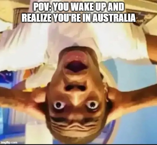 ¡uʍop ǝpᴉsdn ɯ,I ¡ou ɥO | POV: YOU WAKE UP AND REALIZE YOU'RE IN AUSTRALIA | image tagged in surprised black guy,memes,funny,australia | made w/ Imgflip meme maker