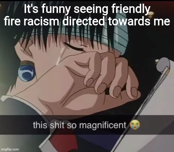 this shit so magnificent | It's funny seeing friendly fire racism directed towards me | image tagged in this shit so magnificent | made w/ Imgflip meme maker