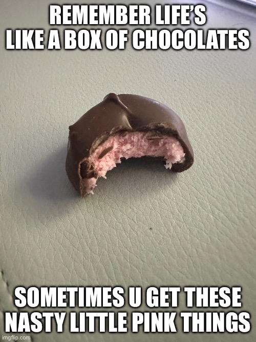 Life | REMEMBER LIFE’S LIKE A BOX OF CHOCOLATES; SOMETIMES U GET THESE NASTY LITTLE PINK THINGS | image tagged in funny memes | made w/ Imgflip meme maker