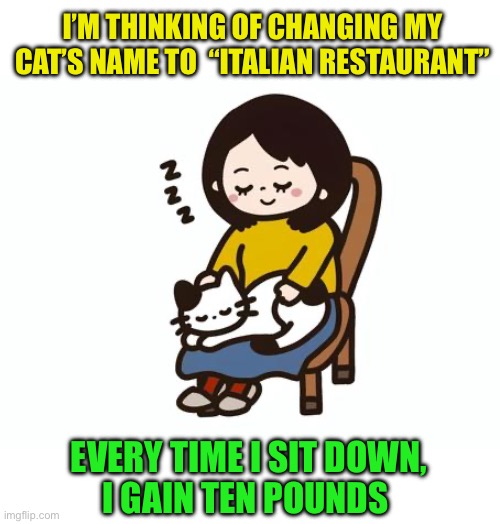 I’m ten pounds heavier when I sit, for some reason | I’M THINKING OF CHANGING MY CAT’S NAME TO  “ITALIAN RESTAURANT”; EVERY TIME I SIT DOWN,
I GAIN TEN POUNDS | image tagged in memes,cats,lap cat | made w/ Imgflip meme maker