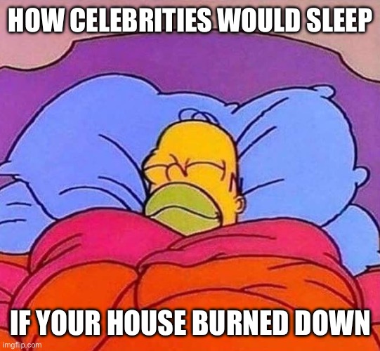 Homer Simpson sleeping peacefully | HOW CELEBRITIES WOULD SLEEP; IF YOUR HOUSE BURNED DOWN | image tagged in homer simpson sleeping peacefully | made w/ Imgflip meme maker