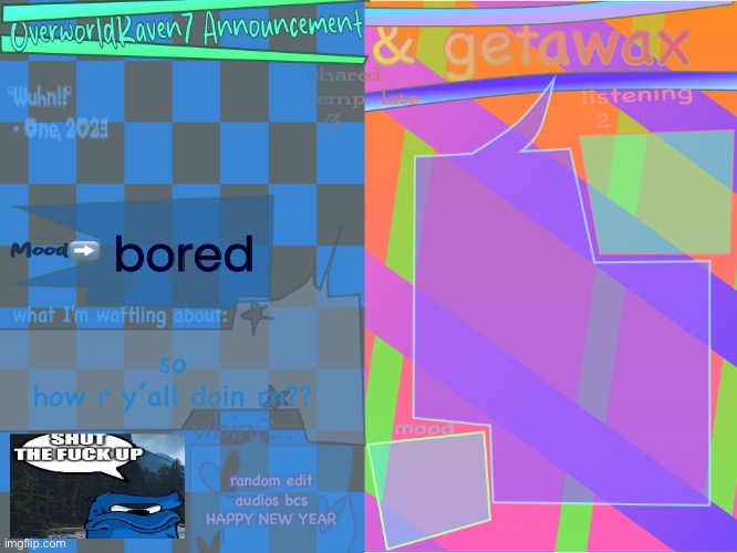 thinkin abt adding divvy to a screenshot of number lore for no reason whatsoever | bored; so
how r y’all doin rn?? random edit audios bcs HAPPY NEW YEAR | image tagged in getawax and overworldraven shared announcement template | made w/ Imgflip meme maker