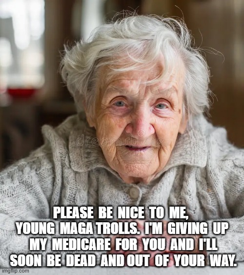 Old Folks at Home | PLEASE  BE  NICE  TO  ME,  YOUNG  MAGA TROLLS.  I'M  GIVING  UP  MY  MEDICARE  FOR  YOU  AND  I'LL  SOON  BE  DEAD  AND OUT  OF  YOUR  WAY. | image tagged in old | made w/ Imgflip meme maker