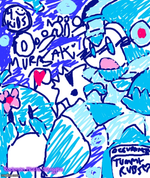 Rockman Murasaki Doujinshi 4KiDS Manga Cover Art | Rockman Meets Squiggles | image tagged in megaman,squishmallow,squiggles,rockman murasaki,tummy rub | made w/ Imgflip meme maker