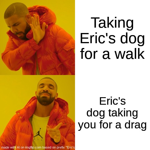 Drake Hotline Bling Meme | Taking Eric's dog for a walk; Eric's dog taking you for a drag | image tagged in memes,drake hotline bling | made w/ Imgflip meme maker