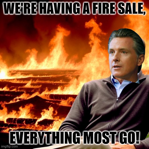 welcome to California. | WE'RE HAVING A FIRE SALE, EVERYTHING MOST GO! | image tagged in fire sale,newsom | made w/ Imgflip meme maker