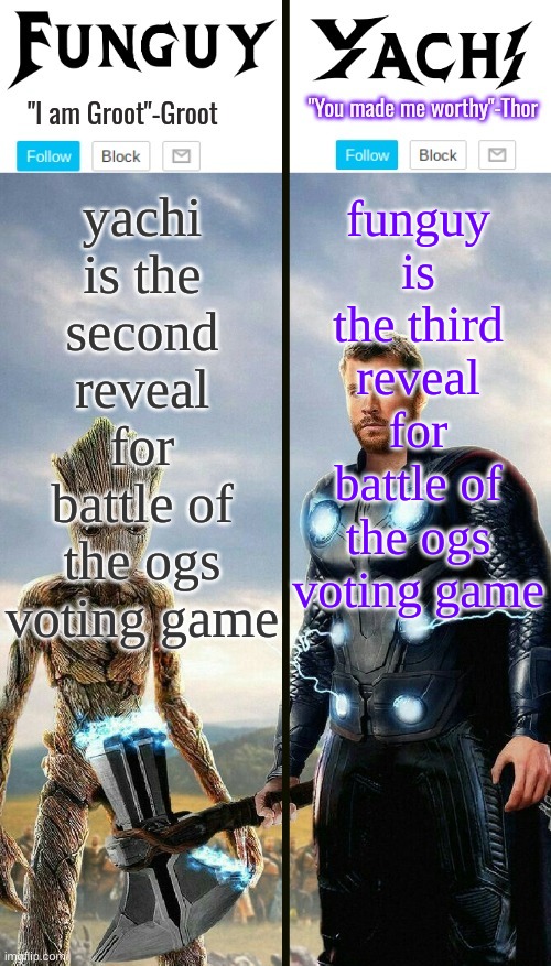 Funguy and yachi temp | yachi is the second reveal for battle of the ogs voting game; funguy is the third reveal for battle of the ogs voting game | image tagged in funguy and yachi temp | made w/ Imgflip meme maker
