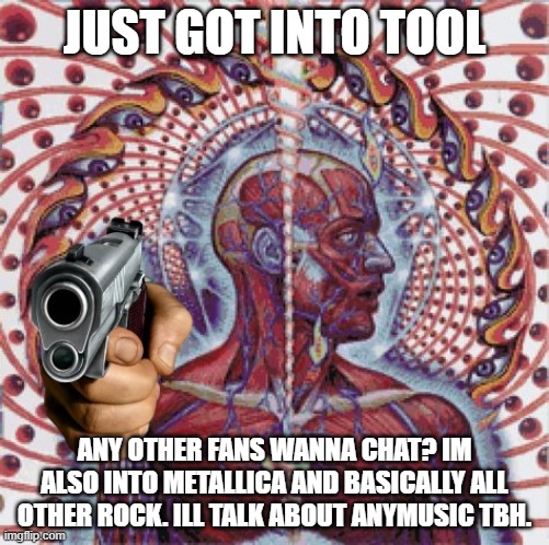 lateralus gun | JUST GOT INTO TOOL; ANY OTHER FANS WANNA CHAT? IM ALSO INTO METALLICA AND BASICALLY ALL OTHER ROCK. ILL TALK ABOUT ANYMUSIC TBH. | image tagged in lateralus gun | made w/ Imgflip meme maker