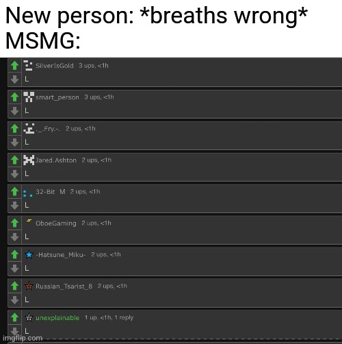 New person: *breaths wrong*
MSMG: | made w/ Imgflip meme maker