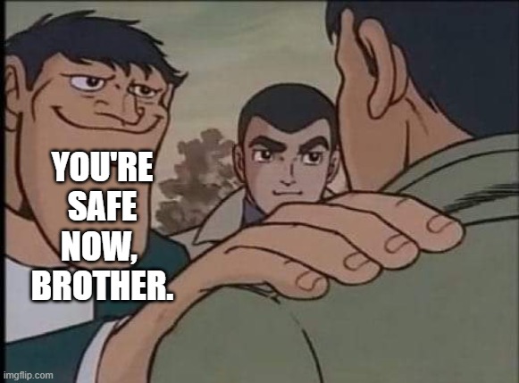 Hand on shoulder guy | YOU'RE
SAFE
NOW, 
BROTHER. | image tagged in hand on shoulder guy | made w/ Imgflip meme maker