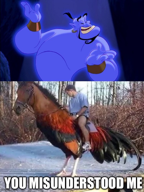 When you wish for a giant horse cock | YOU MISUNDERSTOOD ME | image tagged in aladdin genie,horse,cock,misunderstanding | made w/ Imgflip meme maker