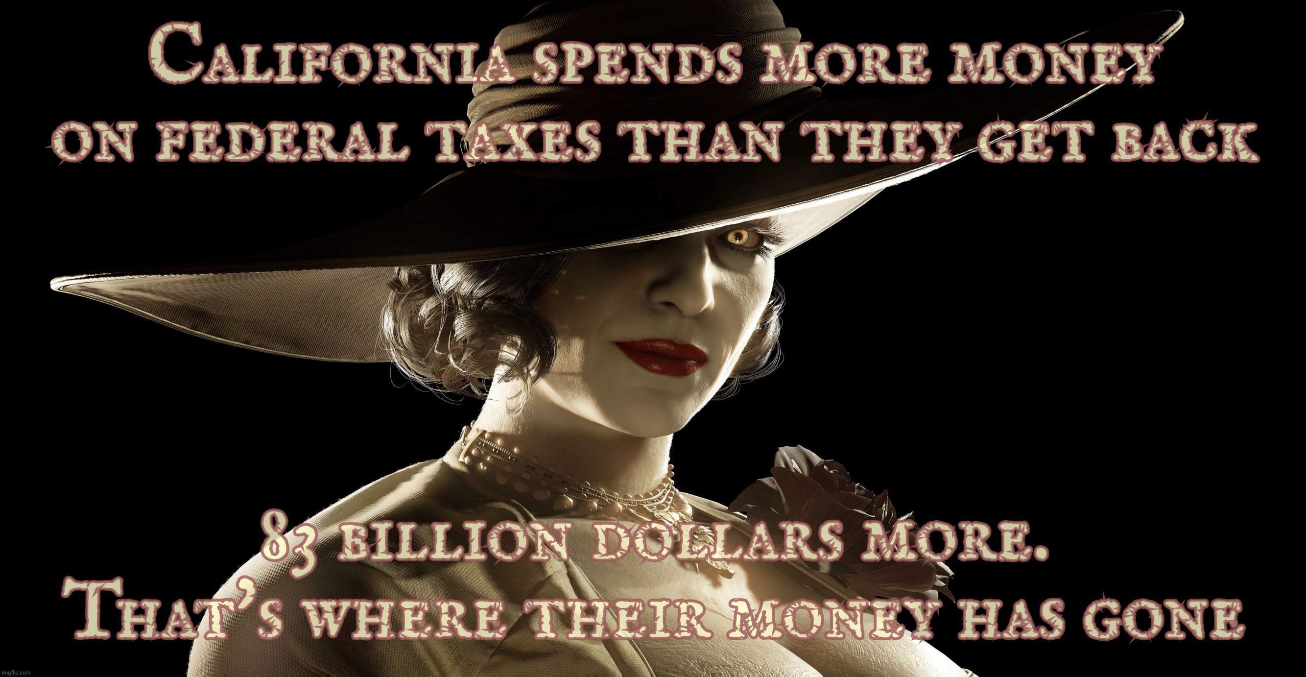 Lady Dimitrescu | California spends more money on federal taxes than they get back 83 billion dollars more.
That's where their money has gone | image tagged in lady dimitrescu | made w/ Imgflip meme maker