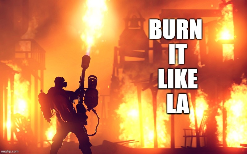 BURN IT DOWN | BURN 
IT
LIKE
LA | image tagged in burn it down | made w/ Imgflip meme maker