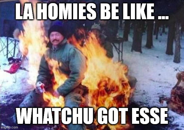 La fire | LA HOMIES BE LIKE ... WHATCHU GOT ESSE | image tagged in la,la fire,fire dude,dabbing dude,flame flame thrower | made w/ Imgflip meme maker