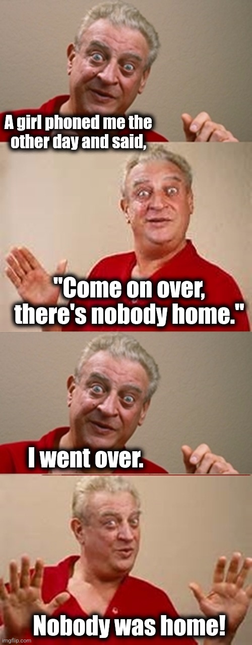 Girls are mean | A girl phoned me the
other day and said, "Come on over, there's nobody home."; I went over. Nobody was home! | image tagged in rodney,memes,girls,i get no respect,nobody home | made w/ Imgflip meme maker