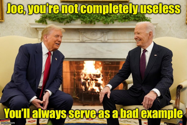 The Biden administration’s purpose | Joe, you’re not completely useless; You’ll always serve as a bad example | image tagged in donald trump and joe biden meeting,useless | made w/ Imgflip meme maker