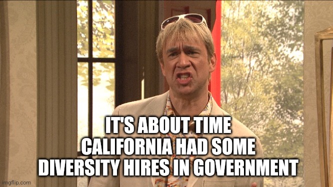 Californians | IT'S ABOUT TIME CALIFORNIA HAD SOME DIVERSITY HIRES IN GOVERNMENT | image tagged in californians | made w/ Imgflip meme maker