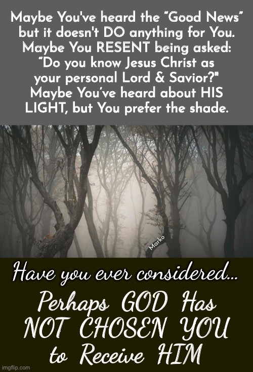 Maybe He doesn’t want You | Maybe You've heard the “Good News”
but it doesn't DO anything for You.
Maybe You RESENT being asked:
“Do you know Jesus Christ as
your personal Lord & Savior?"
Maybe You’ve heard about HIS
LIGHT, but You prefer the shade. Marko; Have you ever considered…; Perhaps  GOD  Has
NOT  CHOSEN  YOU
to  Receive  HIM | image tagged in memes,the ones who choose god,have been chosen by him,u dont want god,go down fightin it,he is ok with that | made w/ Imgflip meme maker