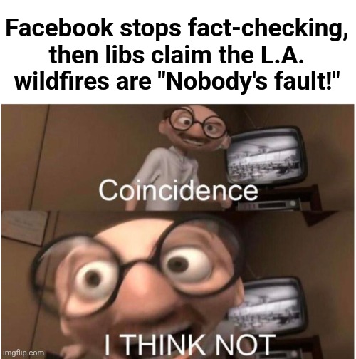 Coincidence, I THINK NOT | Facebook stops fact-checking, then libs claim the L.A. wildfires are "Nobody's fault!" | image tagged in memes,coincidence i think not,democrats,fact check,facebook,lies | made w/ Imgflip meme maker