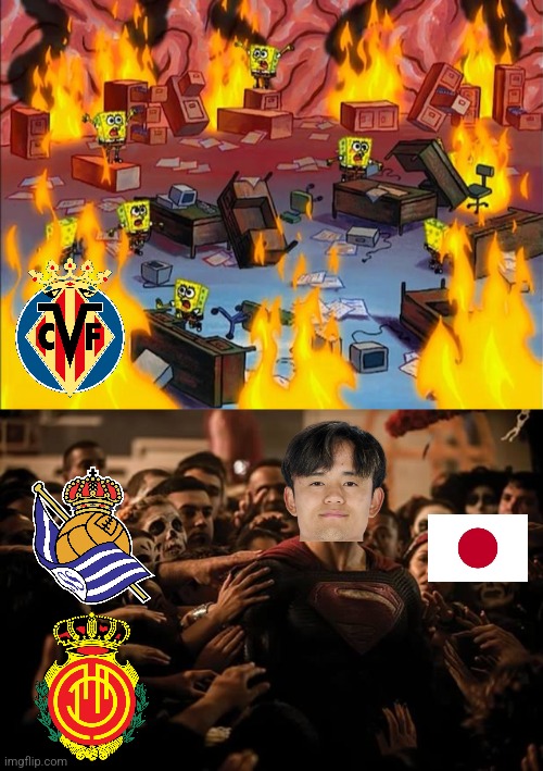 Real Sociedad - Villarreal 1:0 | image tagged in spongebob fire,superman praised,erreala,villarreal,laliga,memes | made w/ Imgflip meme maker