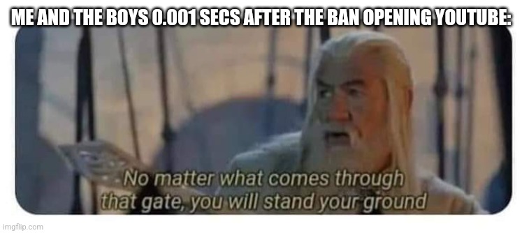 Gandalf stand your ground | ME AND THE BOYS 0.001 SECS AFTER THE BAN OPENING YOUTUBE: | image tagged in gandalf stand your ground | made w/ Imgflip meme maker