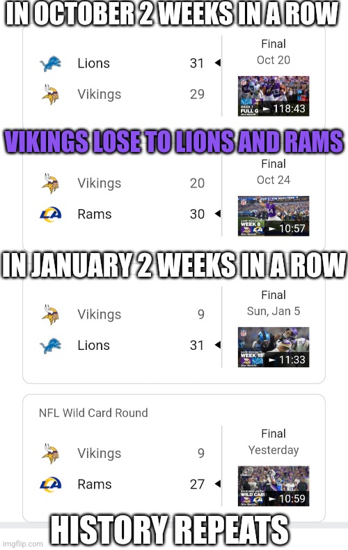 VIKINGS JUST CAN'T BEAT THE LIONS OR RAMS | IN OCTOBER 2 WEEKS IN A ROW; VIKINGS LOSE TO LIONS AND RAMS; IN JANUARY 2 WEEKS IN A ROW; HISTORY REPEATS | image tagged in blank white template,minnesota vikings,detroit lions,nfl,playoffs | made w/ Imgflip meme maker