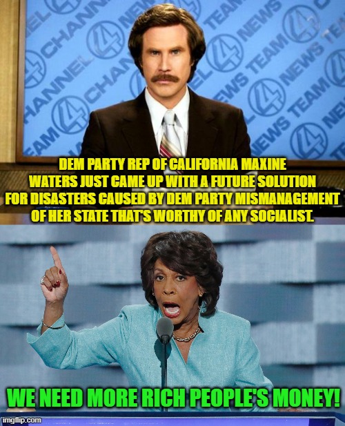 Yes, that really was her 'solution'. | DEM PARTY REP OF CALIFORNIA MAXINE WATERS JUST CAME UP WITH A FUTURE SOLUTION FOR DISASTERS CAUSED BY DEM PARTY MISMANAGEMENT OF HER STATE THAT'S WORTHY OF ANY SOCIALIST. WE NEED MORE RICH PEOPLE'S MONEY! | image tagged in breaking news | made w/ Imgflip meme maker